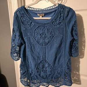ONE WORLD Blue Crochet Lace Blouse